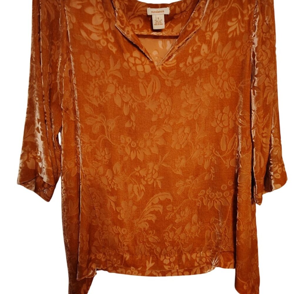 Sundance Large Burnt Orange Burnout Velvet Tunic Top Flower Lagenlook Silk Blend
